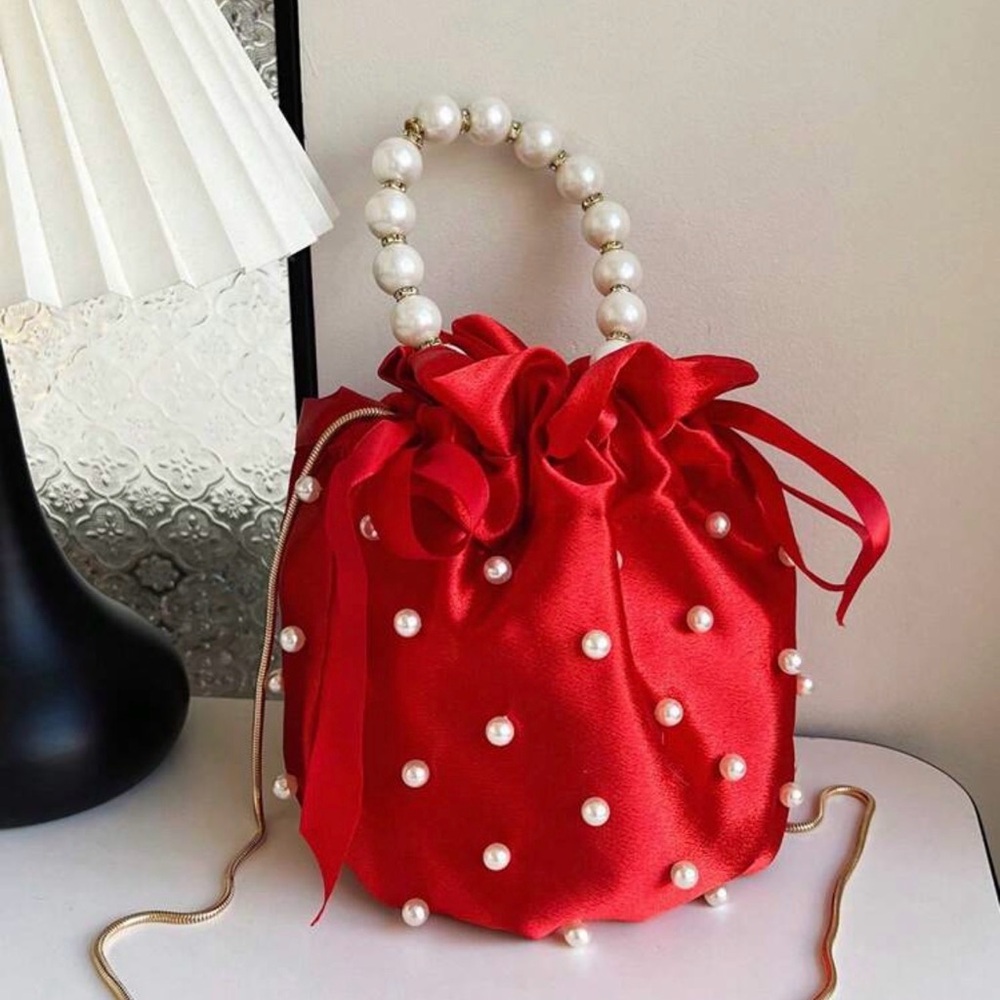 Elegant Red Pearl-Embellished Handbag